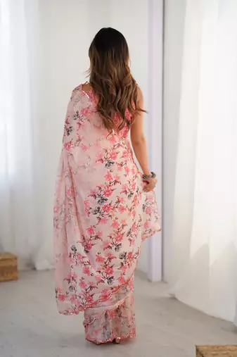 Pink printed chinon saree with border