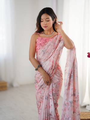 Pink printed chinon saree with border 3