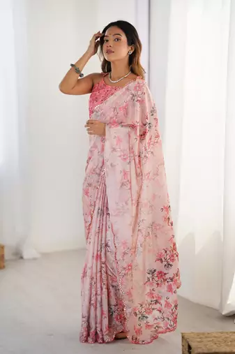 Pink printed chinon saree with border
