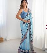 Blue printed chinon saree with border