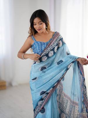 Blue printed chinon saree with border 3