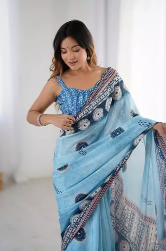 Blue printed chinon saree with border