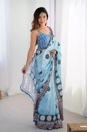 Blue printed chinon saree with border