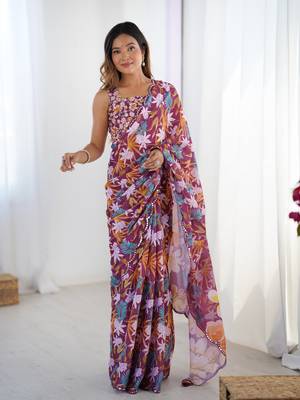 Wine printed chinon saree with border 1