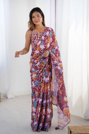 Wine printed chinon saree with border