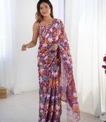 Wine printed chinon saree with border