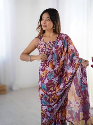 Wine printed chinon saree with border 3