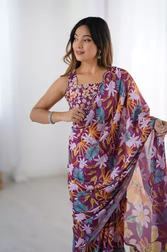 Wine printed chinon saree with border