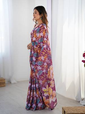 Wine printed chinon saree with border 4
