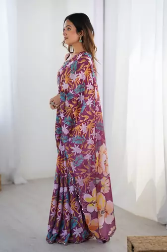 Wine printed chinon saree with border