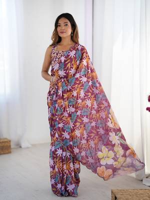 Wine printed chinon saree with border 5