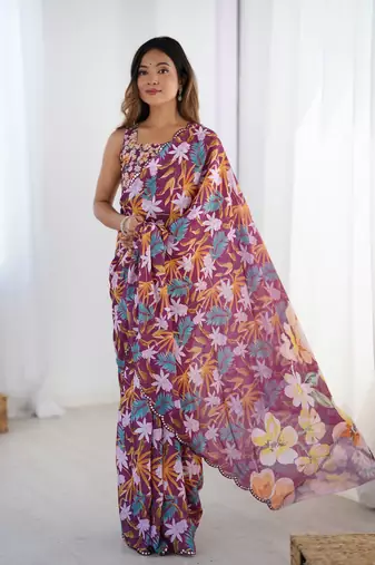 Wine printed chinon saree with border