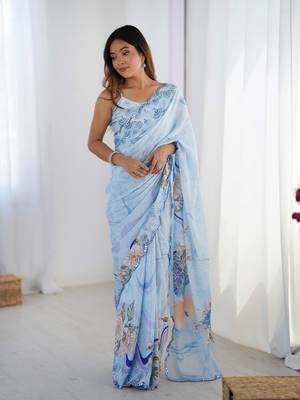 Sky blue printed chinon saree with border 1