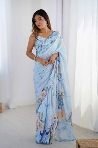 Sky blue printed chinon saree with border