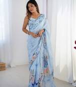 Sky blue printed chinon saree with border
