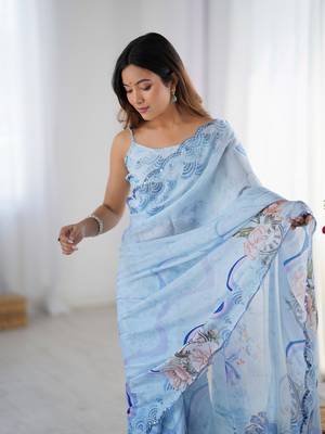 Sky blue printed chinon saree with border 3