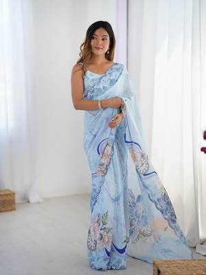 Sky blue printed chinon saree with border 4