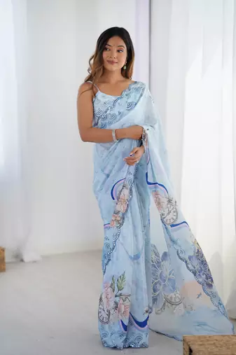 Sky blue printed chinon saree with border