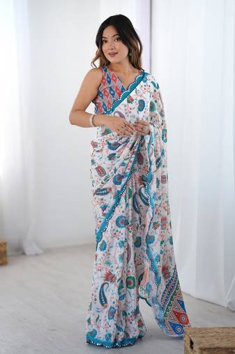Off white printed chinon saree with border