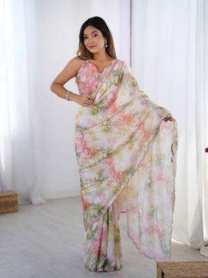Pink printed chinon saree with border 1