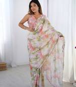 Pink printed chinon saree with border