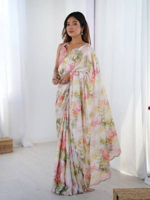 Pink printed chinon saree with border 4