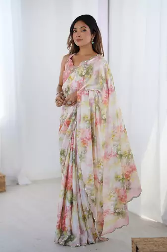 Pink printed chinon saree with border