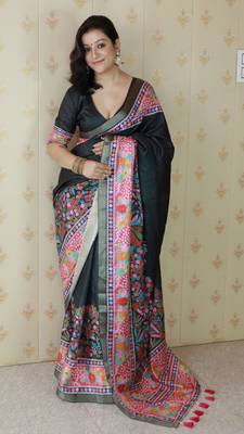 Black tussar silk blend zari woven printed saree 1