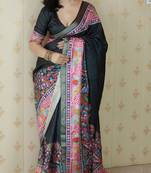 Black tussar silk blend zari woven printed saree