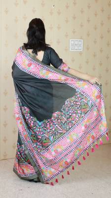 Black tussar silk blend zari woven printed saree 2