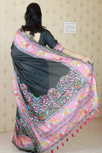 Black tussar silk blend zari woven printed saree