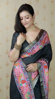 Black tussar silk blend zari woven printed saree 3