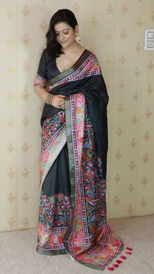 Black tussar silk blend zari woven printed saree 4