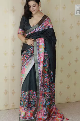 Black tussar silk blend zari woven printed saree