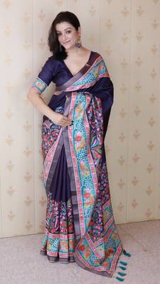 Blue tussar silk blend zari woven printed saree 1