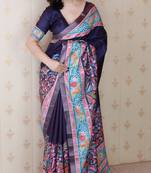Blue tussar silk blend zari woven printed saree