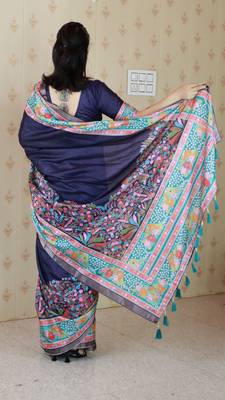 Blue tussar silk blend zari woven printed saree 2