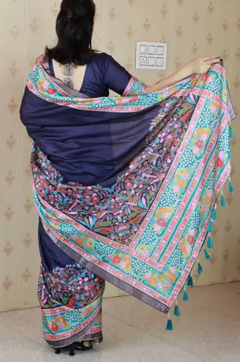 Blue tussar silk blend zari woven printed saree