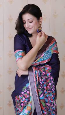 Blue tussar silk blend zari woven printed saree 3