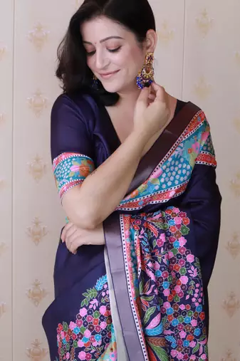 Blue tussar silk blend zari woven printed saree
