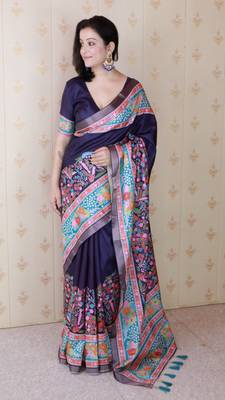 Blue tussar silk blend zari woven printed saree 4