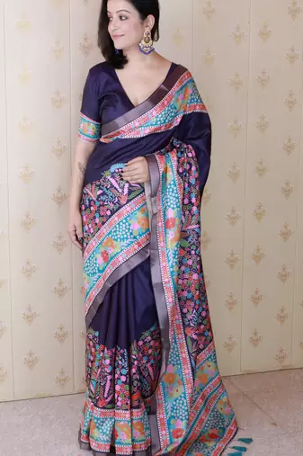 Blue tussar silk blend zari woven printed saree