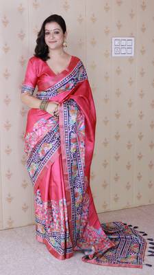 Pink tussar silk blend zari woven printed saree 1