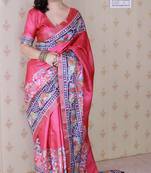 Pink tussar silk blend zari woven printed saree