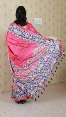 Pink tussar silk blend zari woven printed saree 2