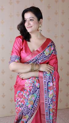 Pink tussar silk blend zari woven printed saree 3
