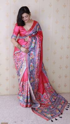 Pink tussar silk blend zari woven printed saree 4