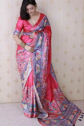 Pink tussar silk blend zari woven printed saree