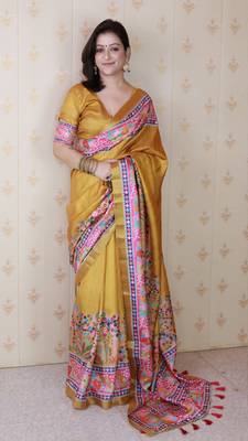 Yellow tussar silk blend zari woven printed saree 1