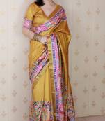 Yellow tussar silk blend zari woven printed saree
